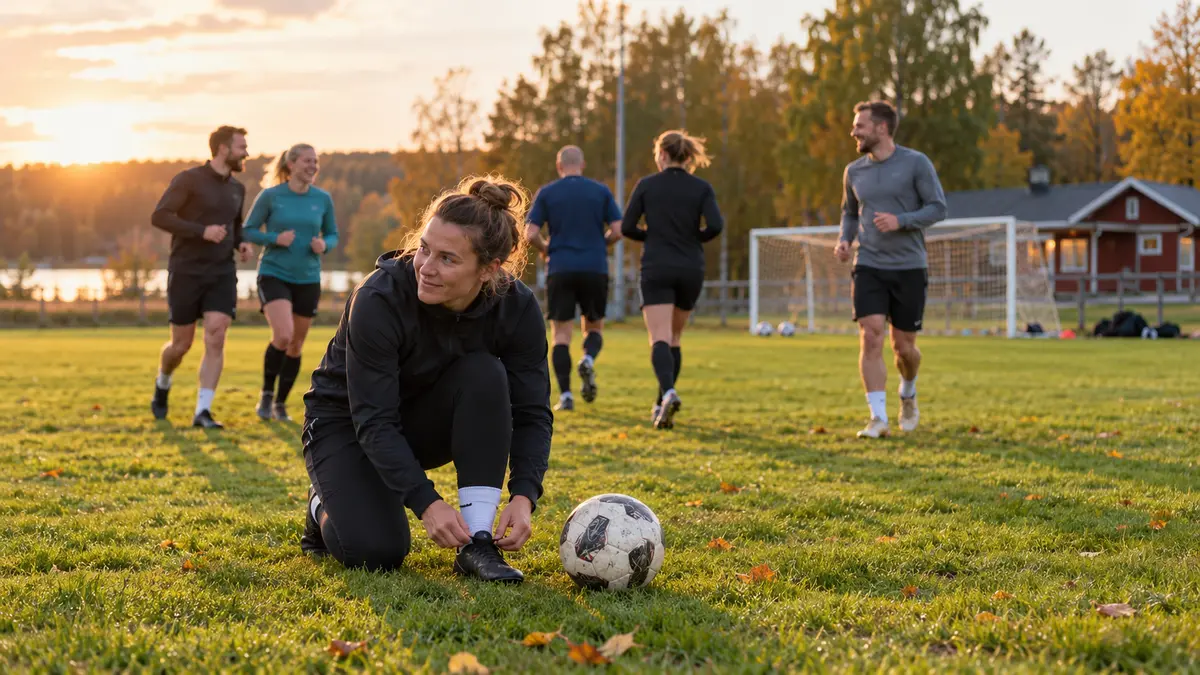 En kvinna knyter sin fotbollssko bredvid en boll på en gräsplan medan fem vuxna lagkamrater joggar och värmer upp i kvällssolen.
