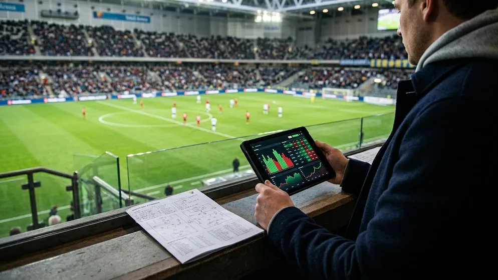 En åskådare på läktaren håller en surfplatta med diagram medan matchen pågår nedanför.