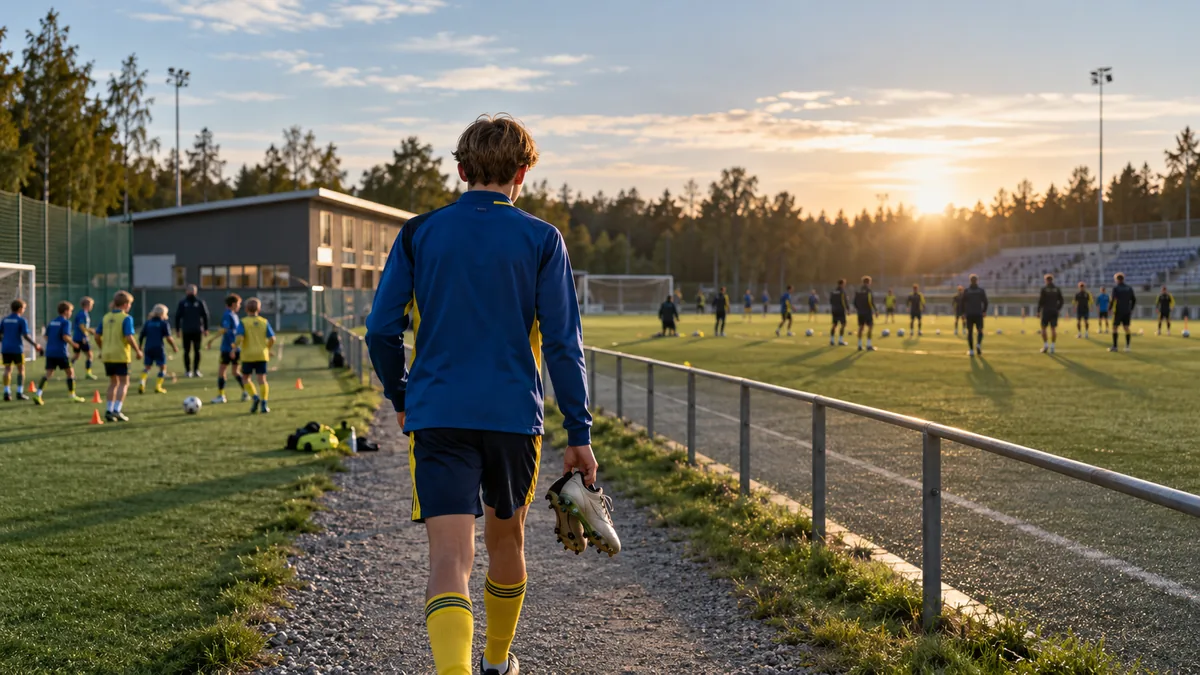 En ung fotbollsspelare sedd bakifrån går med fotbollsskor i handen mellan ett ungdomslag och ett vuxenlag som tränar på varsin plan i kvällssol.